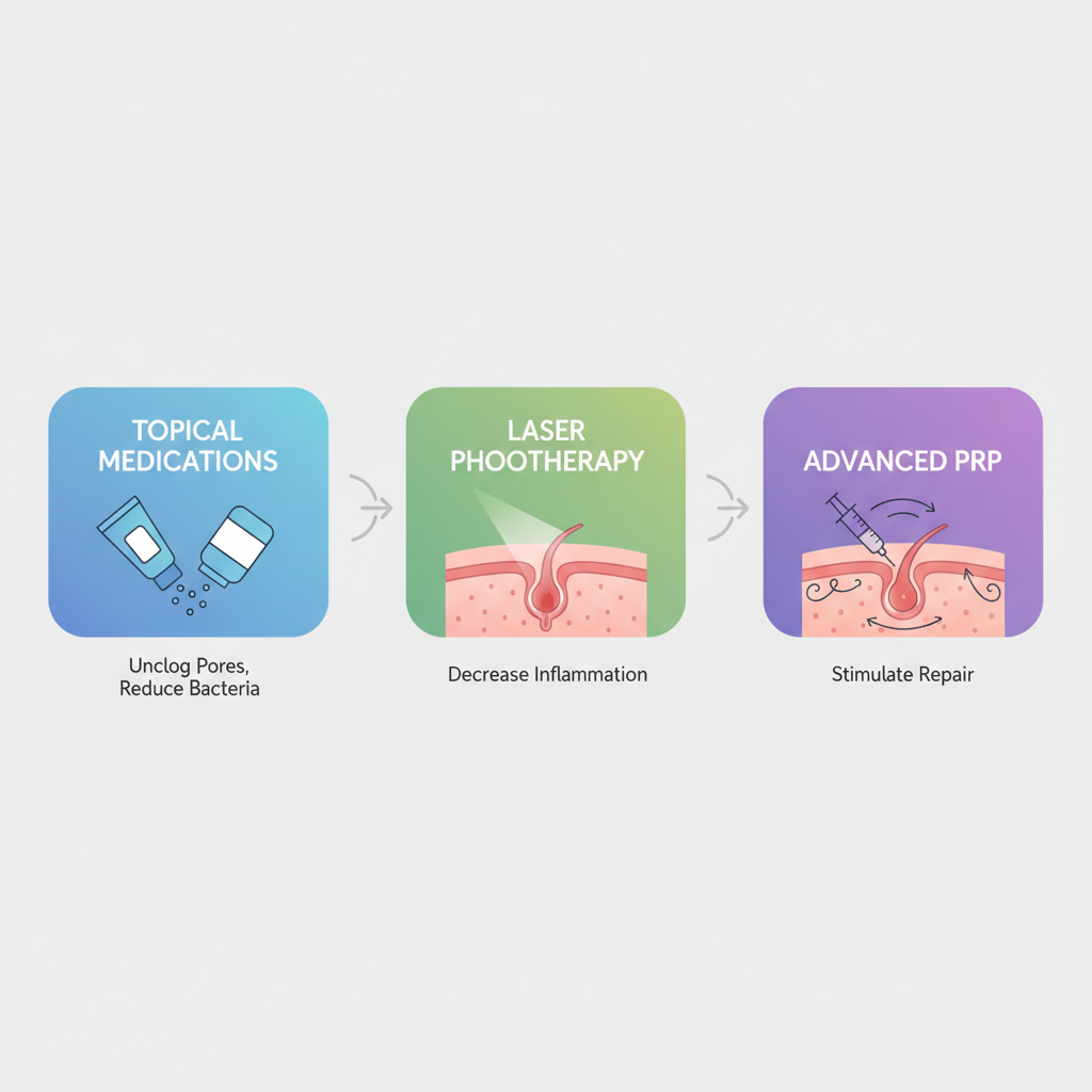 Horizontal process flow diagram illustrating three stages of effective acne treatments for teens with icons and minimal labels