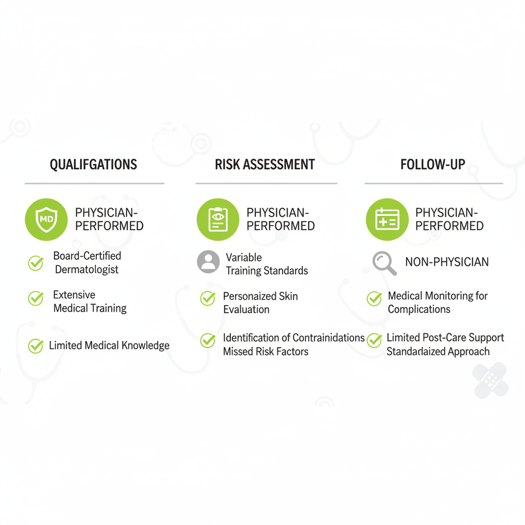 Infographic comparing advantages of physician-performed laser hair removal in qualifications, risk assessment, and follow-up care.