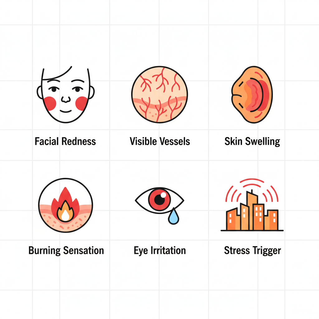 Grid of simple flat icons illustrating rosacea symptoms including facial redness, visible blood vessels, skin swelling, burning sensation, eye irritation, and stress triggers in an urban setting.