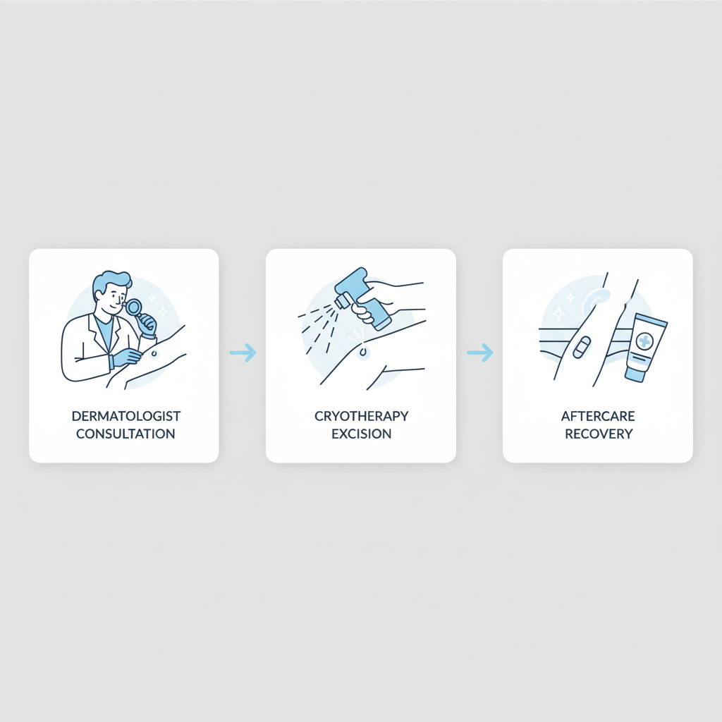 Illustrated horizontal process flow diagram showing three stages of skin tag removal: consultation, removal techniques, and aftercare.