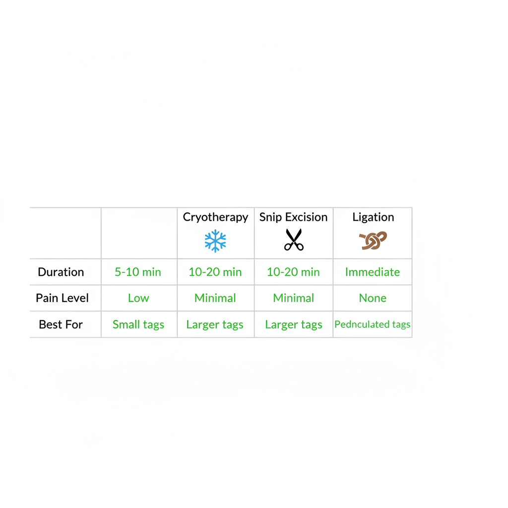Infographic comparing skin tag removal methods: cryotherapy, snip excision, and ligation with durations, pain levels, and best uses.