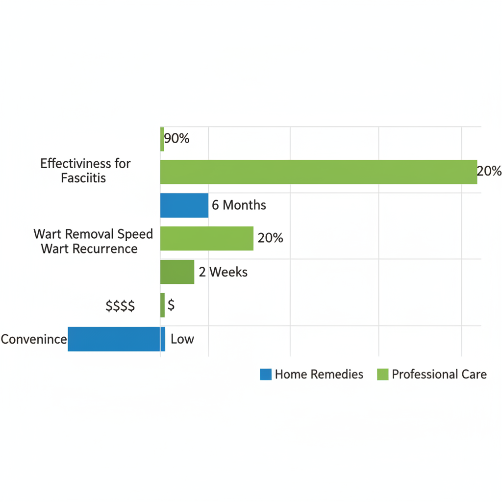 Horizontal bar chart comparing home remedies and professional treatments for plantar fasciitis and warts at NSS Dermatology, showing superior effectiveness of professional care.