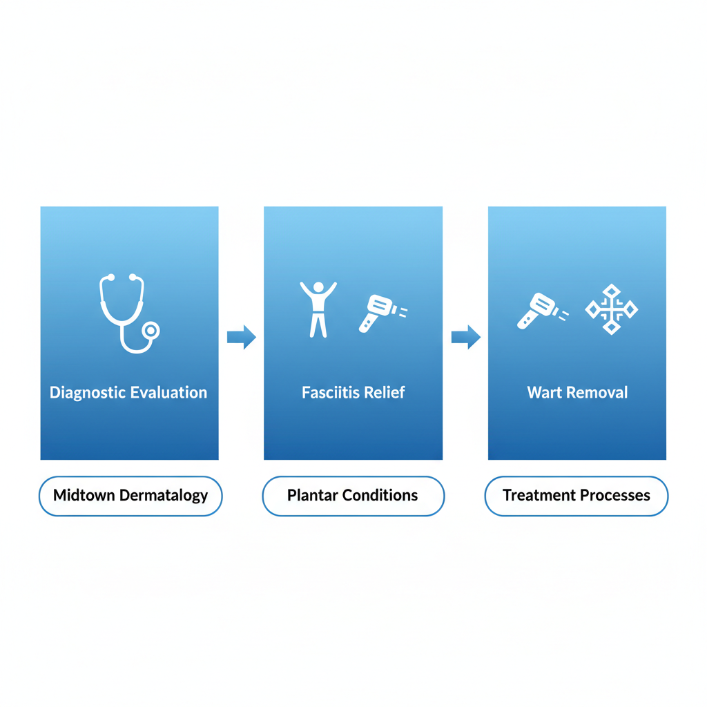Horizontal process flow diagram showing three steps for treating plantar conditions: diagnostic evaluation, fasciitis relief, and wart removal.