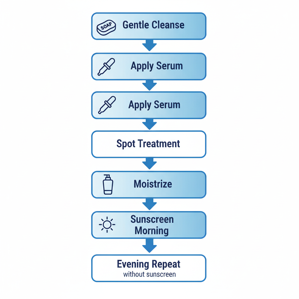 Vertical process flow diagram showing six steps of a daily skincare routine for adult acne management with icons and minimalist design.