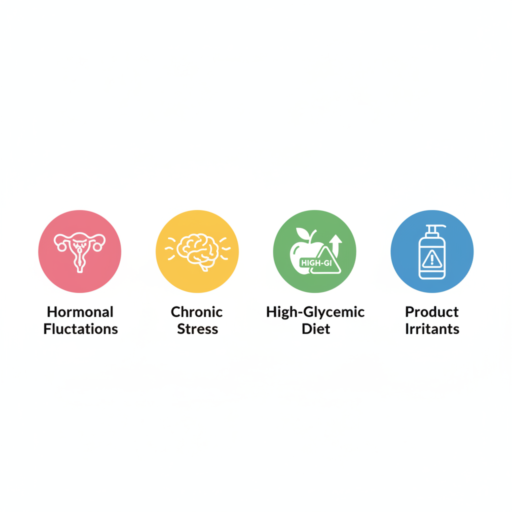 Infographic illustrating four common causes of adult acne with icons for hormones, stress, diet, and irritants.