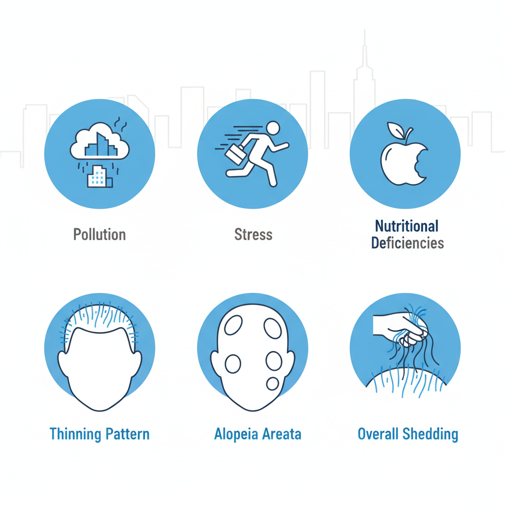 Infographic depicting common causes and types of hair loss relevant to NYC urban life, featuring icons for pollution, stress, nutrition, and illustrations of alopecia patterns.