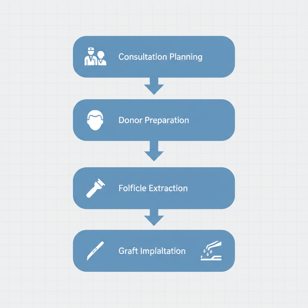 Visual flow diagram of five sequential steps in FUE hair restoration procedure at a New York City clinic