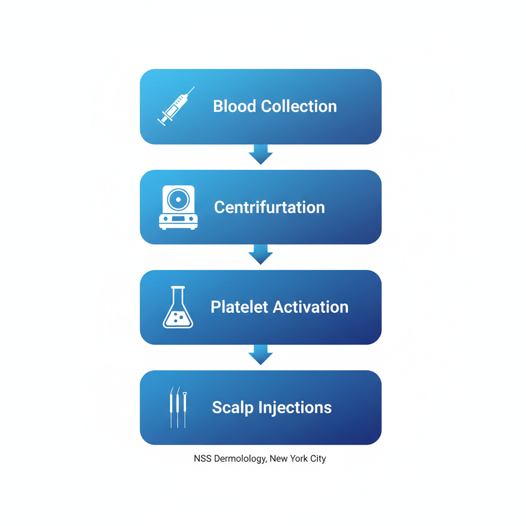 Vertical process flow diagram illustrating the four steps of PRP hair restoration therapy: blood collection, centrifugation, platelet activation, and scalp injections.