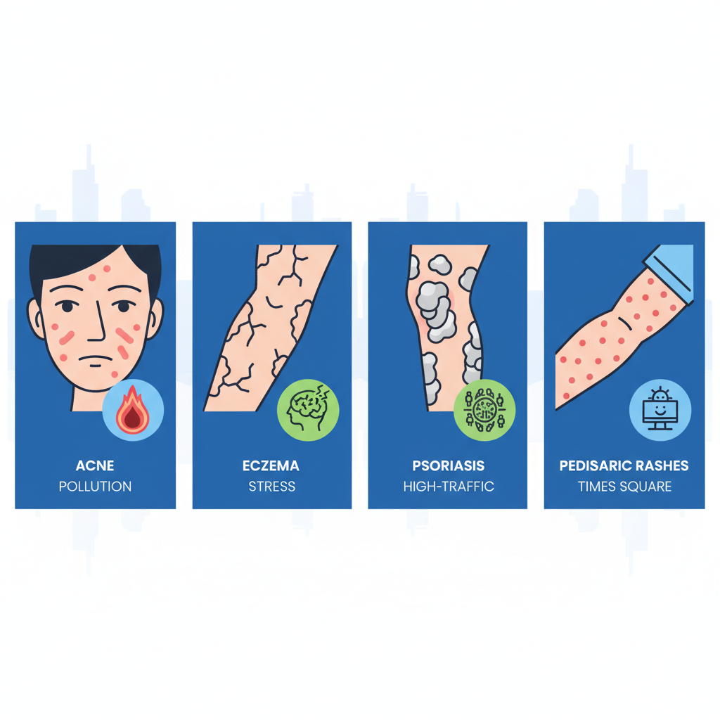 Infographic illustrating common urban skin conditions like acne, eczema, psoriasis, and pediatric rashes in Midtown Manhattan with environmental triggers.