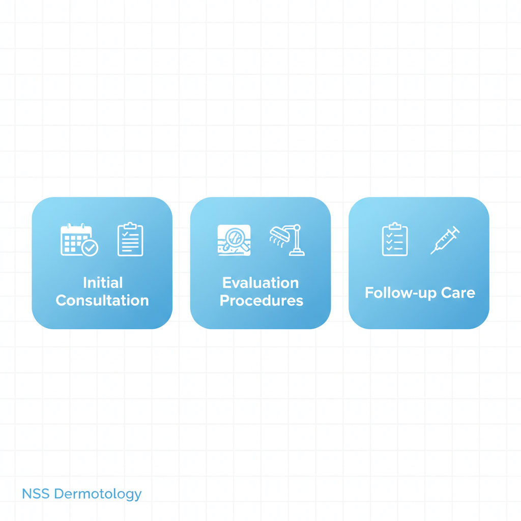 Horizontal process flow diagram illustrating three stages of dermatology treatments in a Midtown clinic: initial consultation, evaluation and procedures, follow-up and cosmetic care.