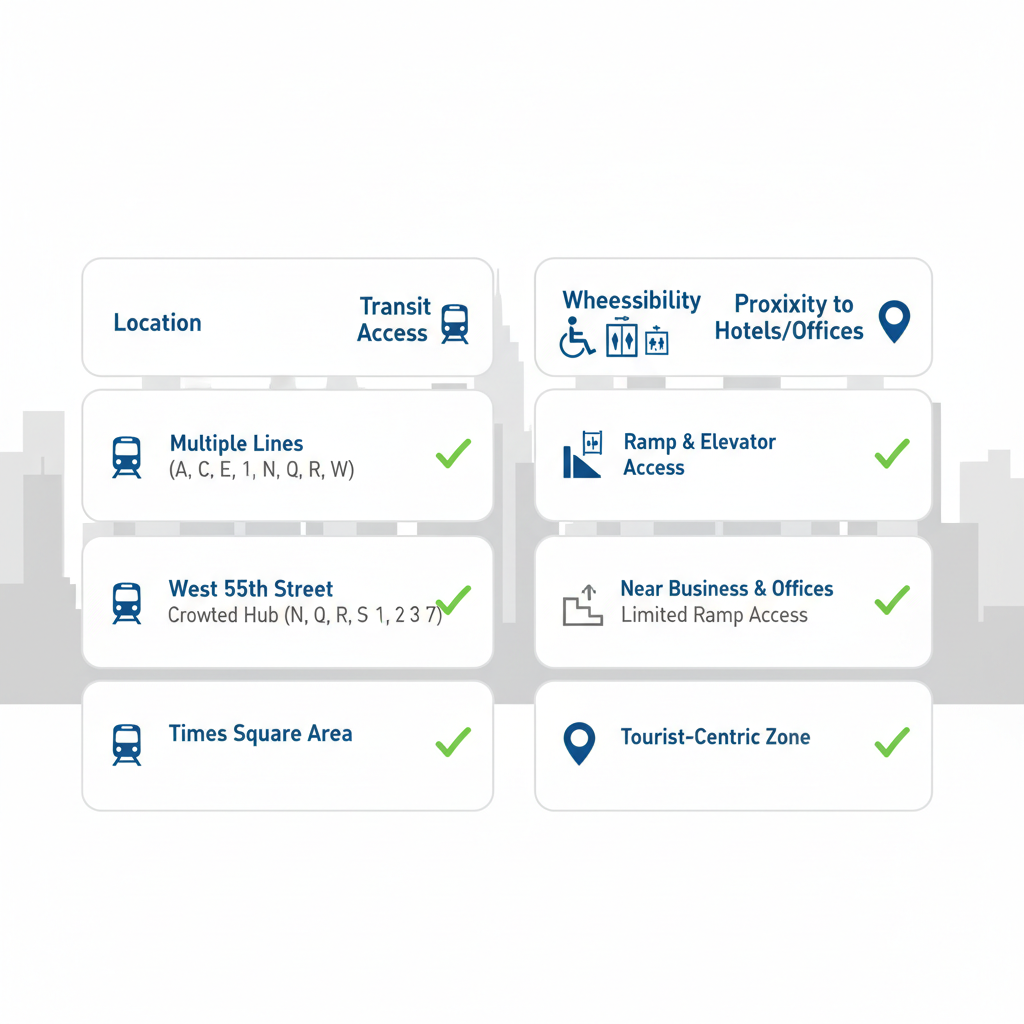 Infographic comparing accessibility features of West 55th Street dermatology location versus Times Square area in Midtown Manhattan