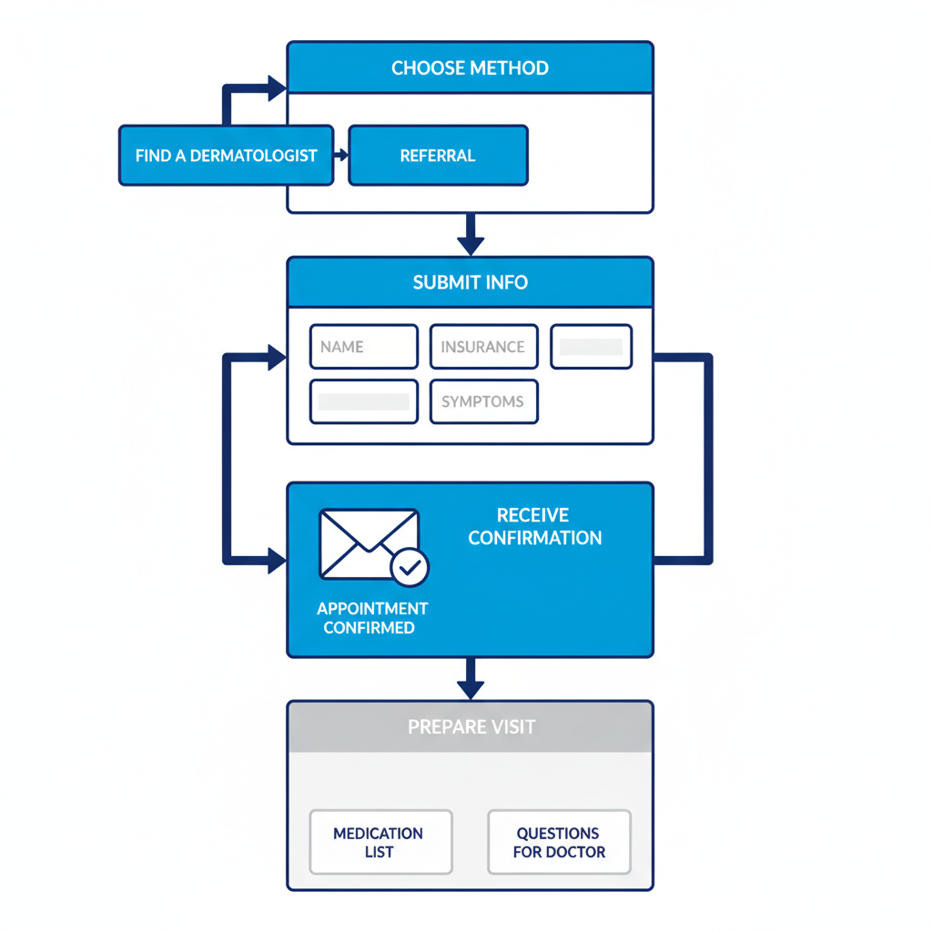 Vertical process flow diagram showing four steps to book a dermatology appointment: choose method, submit information, receive confirmation, and prepare for visit.