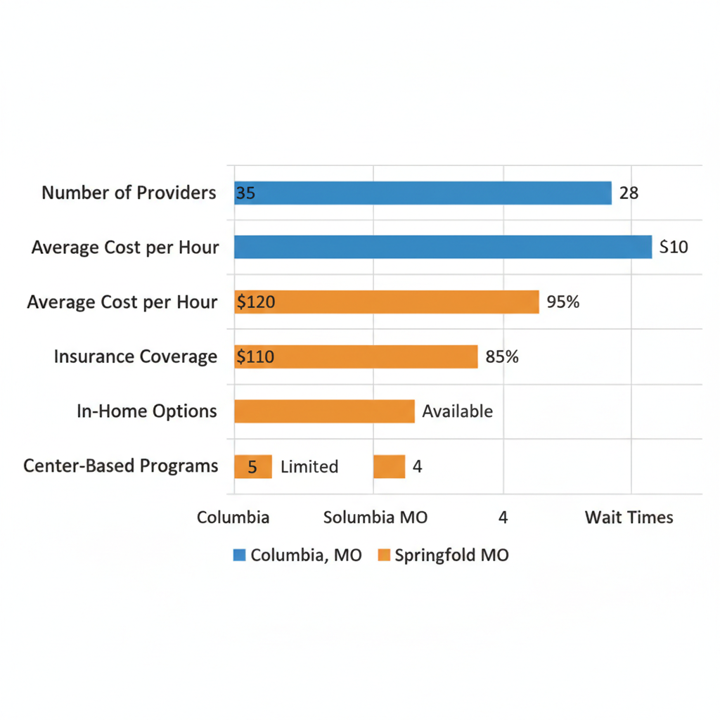 Horizontal bar chart comparing ABA therapy providers, costs, and access between Columbia and Springfield, Missouri