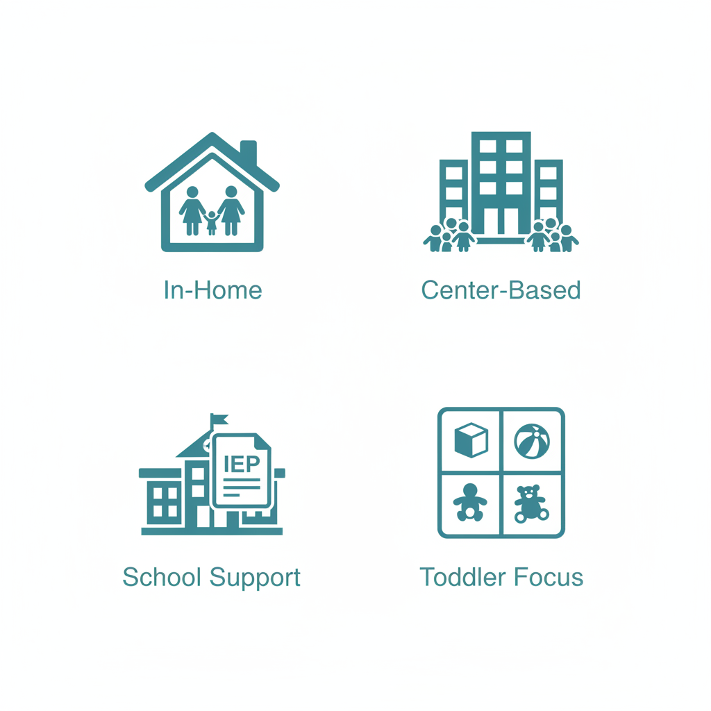 Grid of icons showing ABA therapy service options in Columbia: in-home, center-based, school support, and toddler focus.