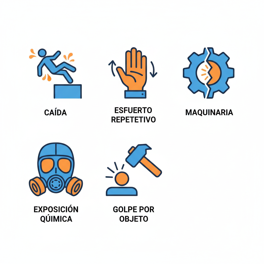 Conjunto de iconos ilustrando tipos comunes de lesiones laborales como cau00eddas, esfuerzo repetitivo, maquinaria defectuosa, exposiciu00f3n quu00edmica y golpes en el trabajo.