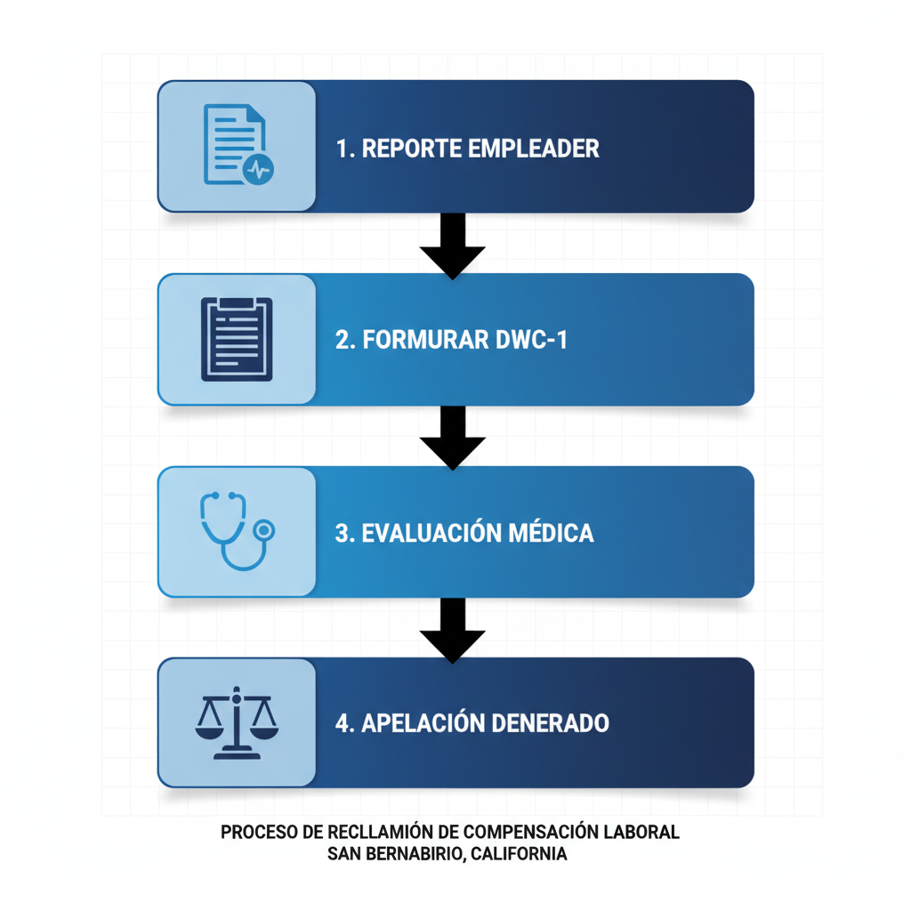 Diagrama de flujo vertical ilustrando las cuatro etapas del proceso de reclamaciu00f3n de compensaciu00f3n laboral, con u00edconos y etiquetas en espau00f1ol.