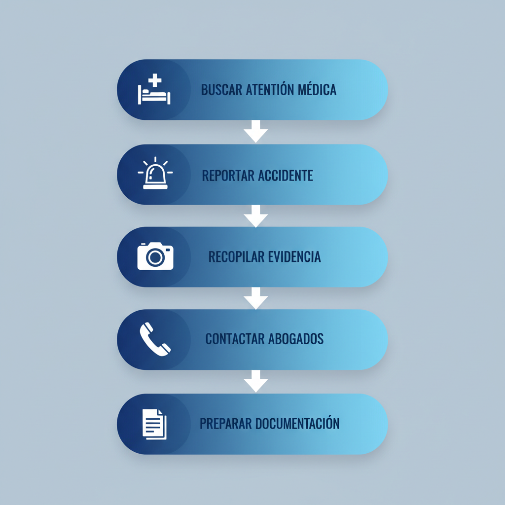 Flujo de proceso vertical ilustrado con cinco etapas para iniciar un caso legal de accidentes en San Bernardino.