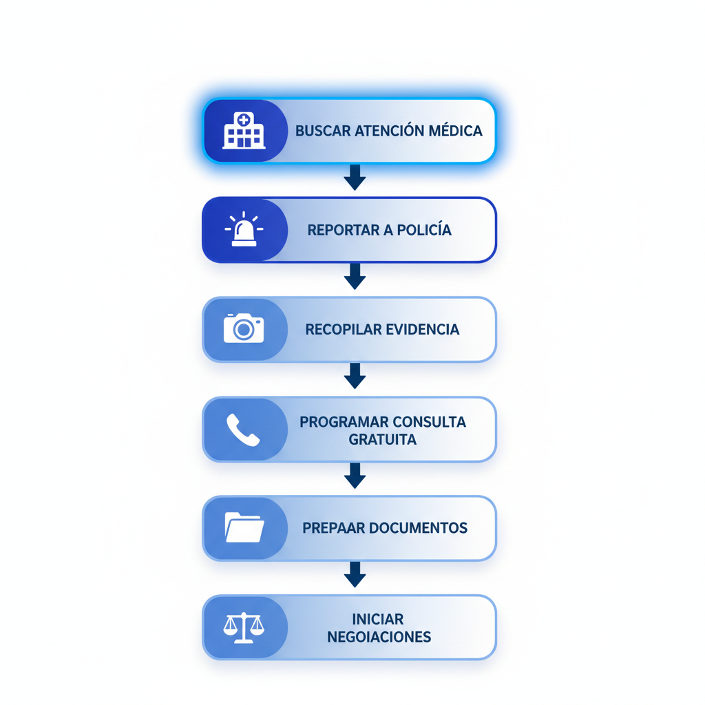 Diagrama de flujo vertical con seis etapas ilustradas para iniciar un proceso legal de reclamo por accidente, incluyendo íconos de hospital, sirena, cámara, teléfono, carpeta y balanza.