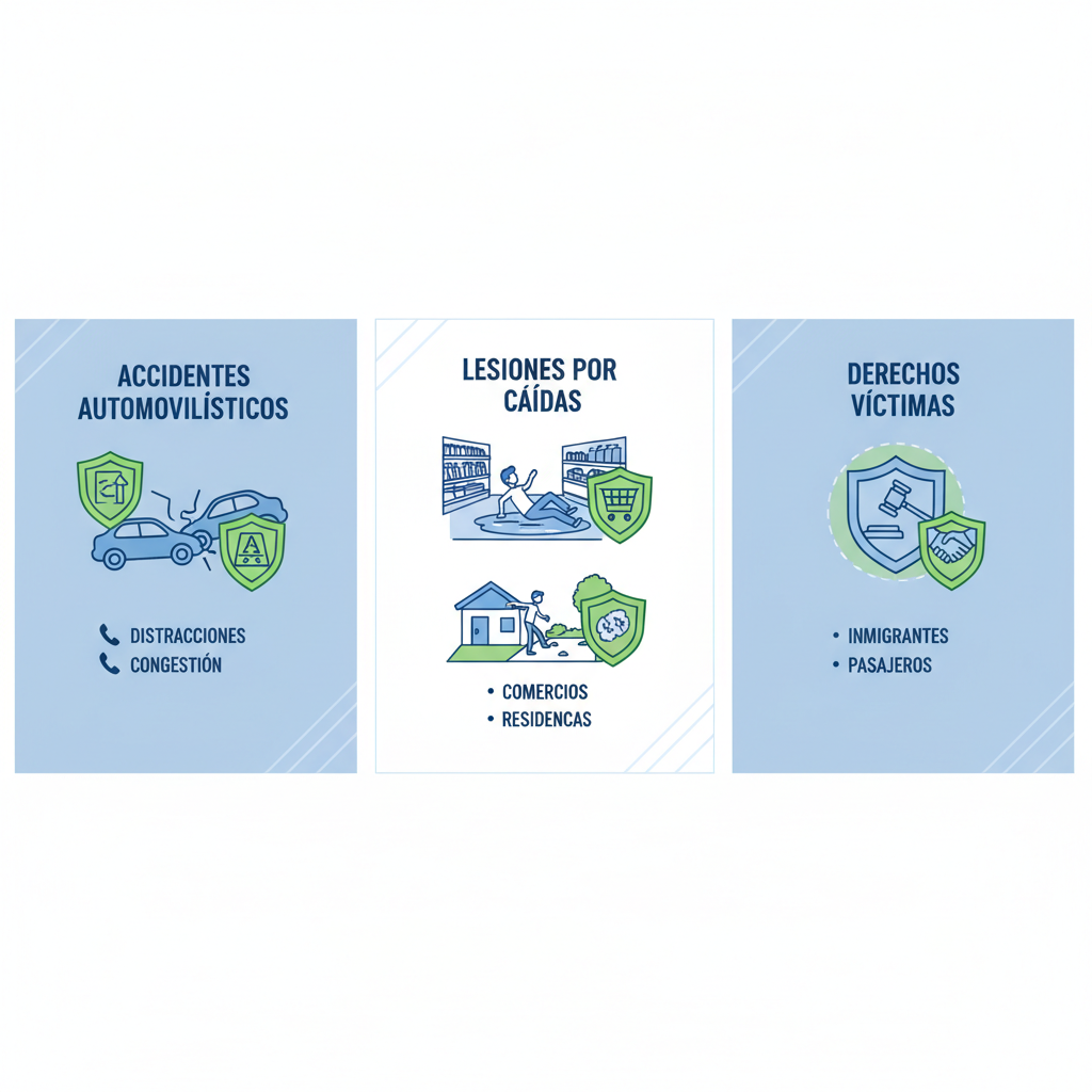 Infografía ilustrativa de tipos comunes de accidentes y lesiones en San Bernardino, incluyendo automovilísticos, caídas y derechos de víctimas.