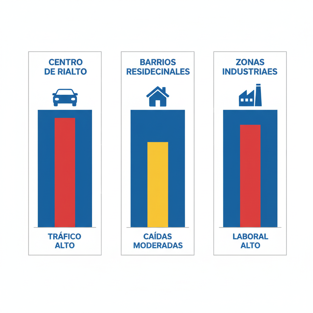 Infografía comparativa de áreas en Rialto por frecuencia de accidentes y acceso a servicios legales