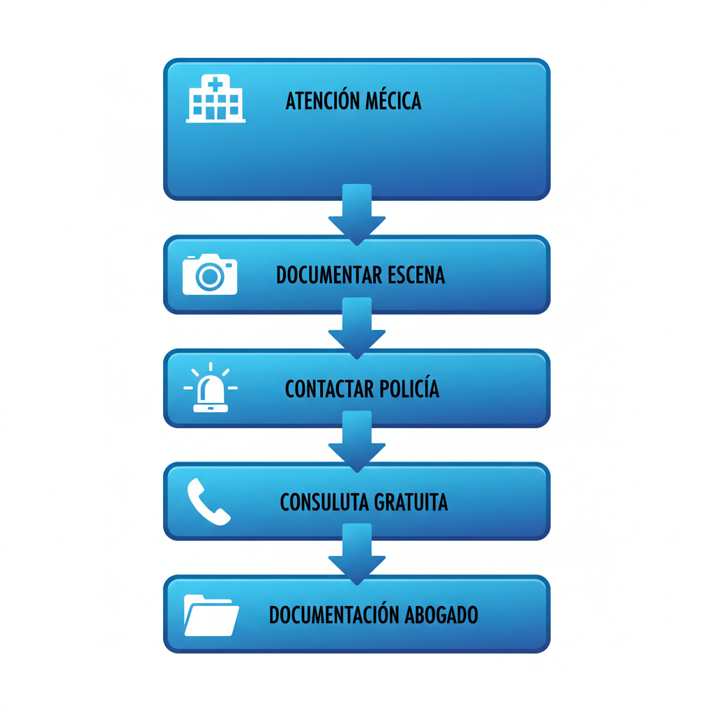 Diagrama de flujo vertical ilustrando los cinco pasos iniciales para iniciar un reclamo de lesiones personales en Rialto, California.