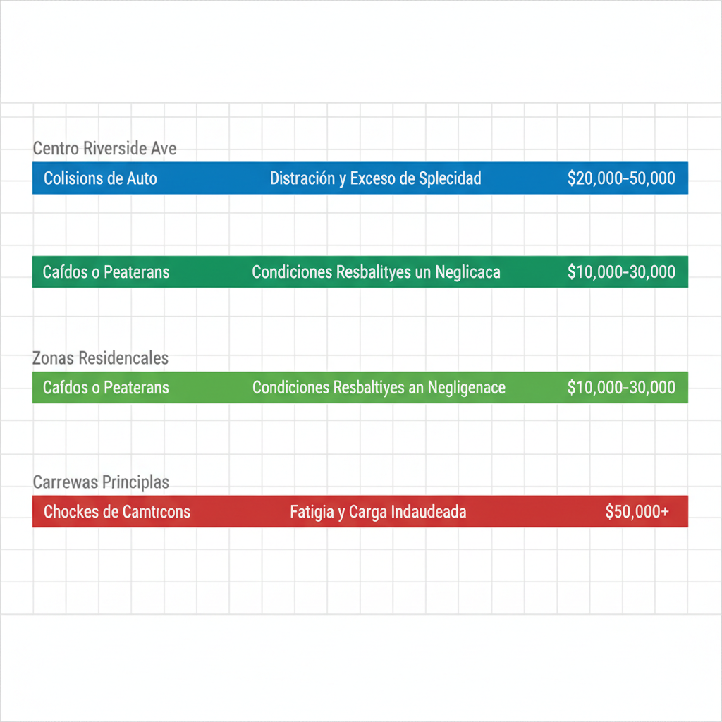 Tabla visual comparativa de accidentes de tráfico en zonas de Rialto con tipos, causas y compensaciones