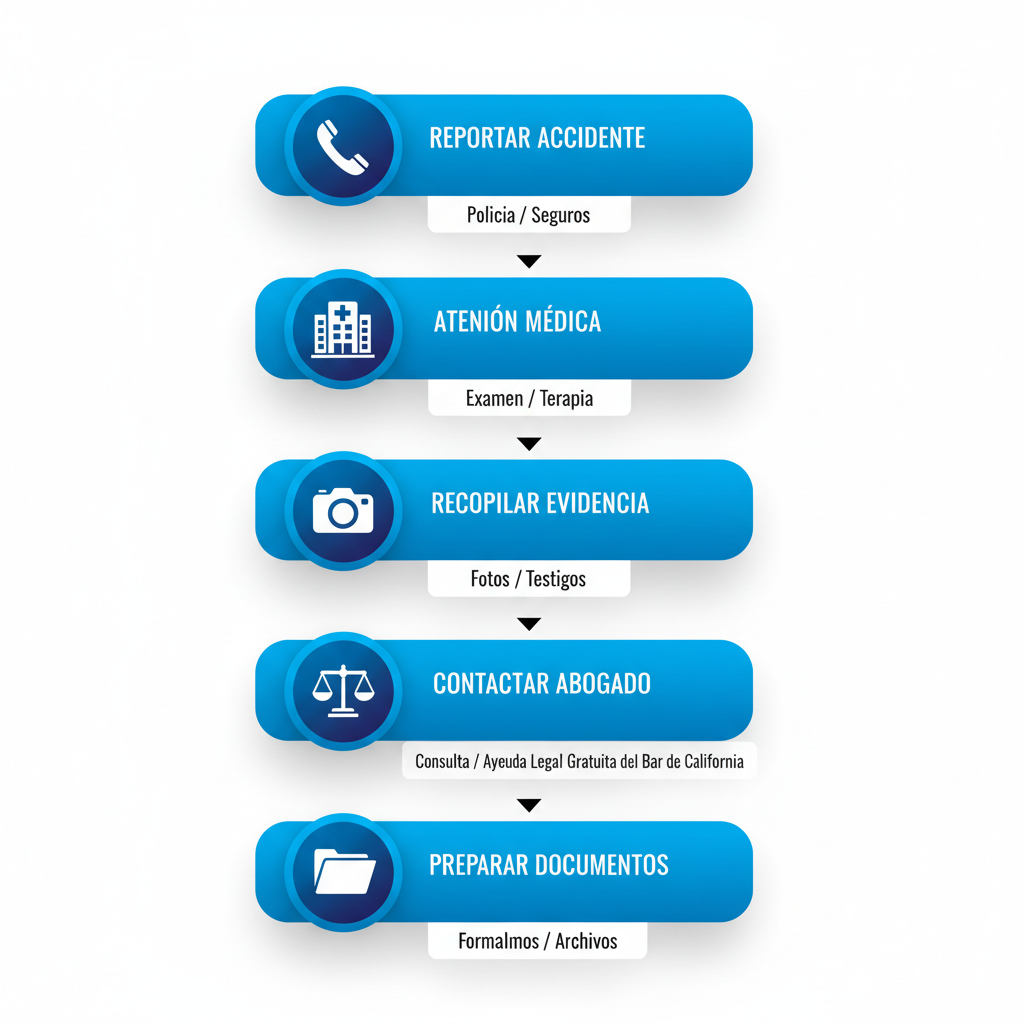 Diagrama de flujo vertical ilustrando las cinco etapas para iniciar un reclamo por accidente en Rialto con iconos y flechas.