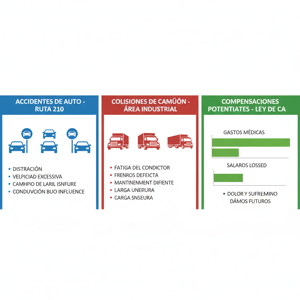 Infografía que compara tipos comunes de accidentes en Rialto con íconos y datos de compensaciones por lesiones personales en California