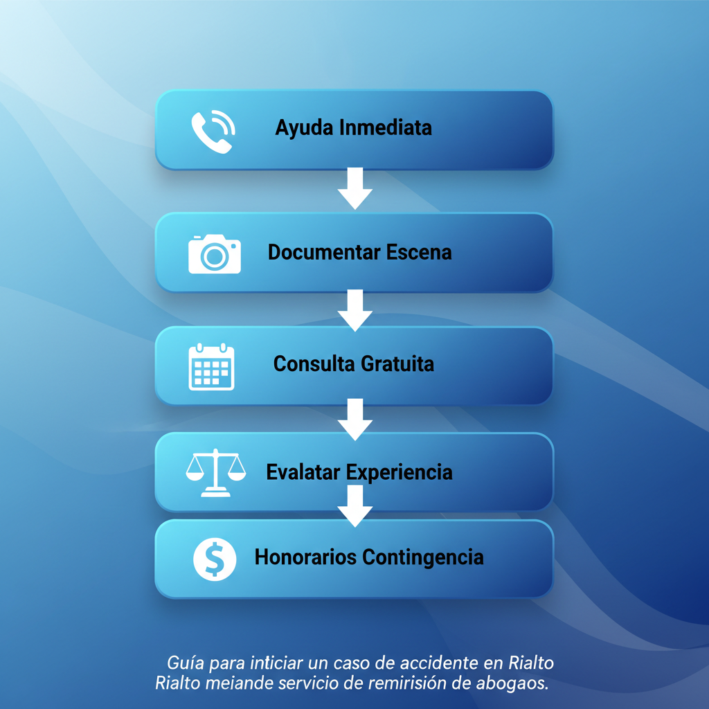 Diagrama de flujo vertical con cinco etapas para iniciar un caso de accidente en Rialto, ilustración profesional con íconos y conexiones.