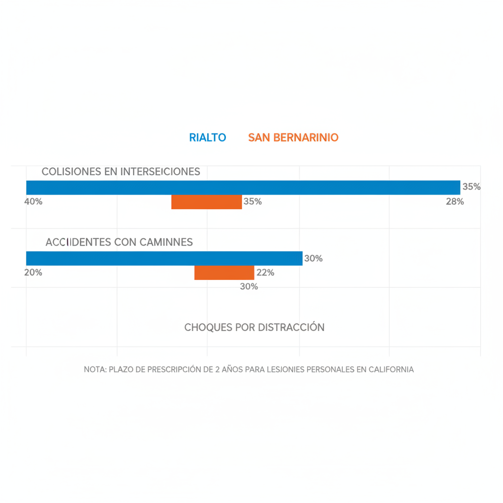Gráfico de barras horizontales comparando tipos de accidentes de carro en Rialto y San Bernardino