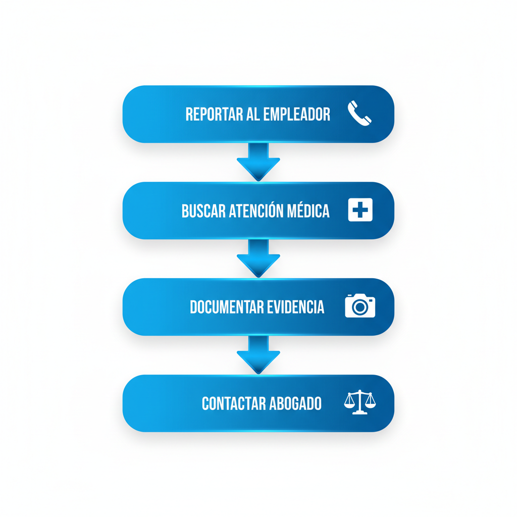 Diagrama de flujo vertical ilustrando los pasos iniciales para iniciar una reclamación laboral por lesiones en el trabajo, con íconos y etapas secuenciales.