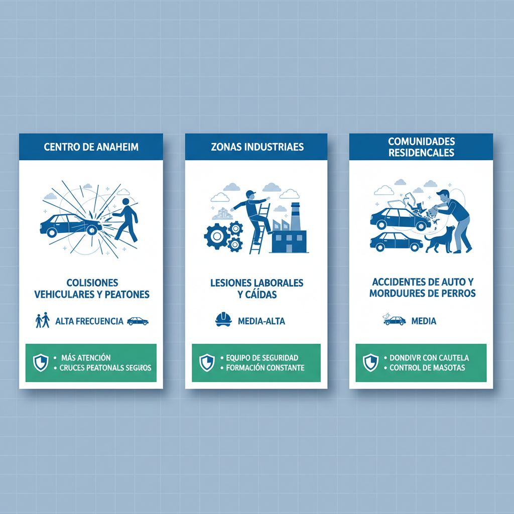 Infografía comparativa de áreas de alto riesgo de accidentes en Anaheim con iconos y consejos de seguridad