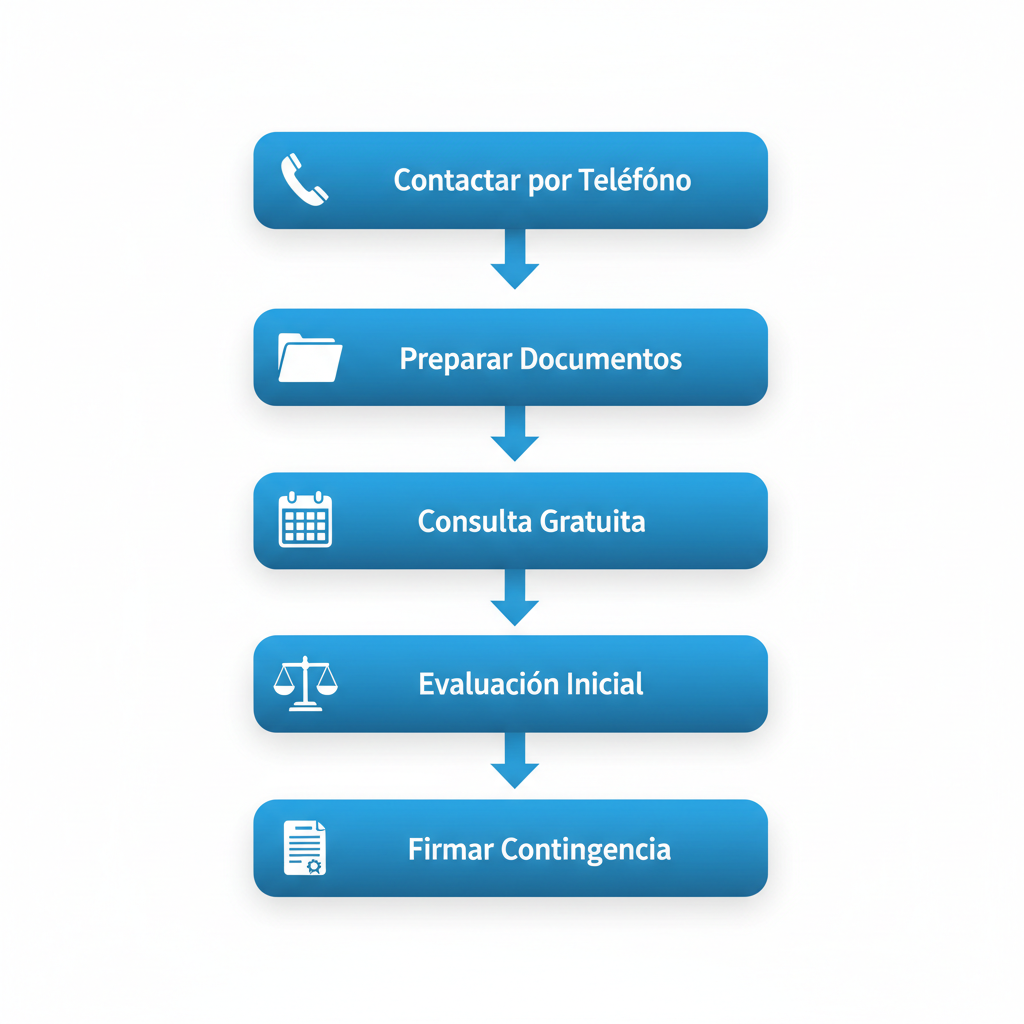 Diagrama de flujo vertical ilustrado de cinco pasos para comenzar con un abogado de accidentes en Anaheim, con iconos y etiquetas breves en azul y blanco.