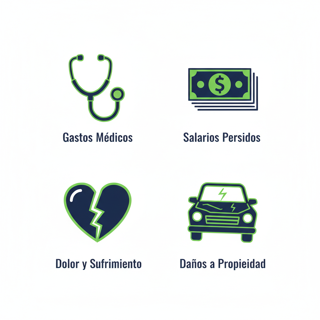 Conjunto de iconos ilustrando beneficios compensatorios: gastos médicos, salarios perdidos, dolor y sufrimiento, daños a propiedad en casos de accidentes.