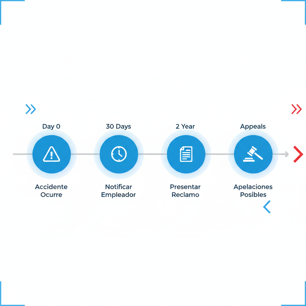 Línea de tiempo horizontal ilustrando plazos clave para gestionar reclamaciones por accidentes laborales en Anaheim, con marcadores icónicos y descripciones breves en español.