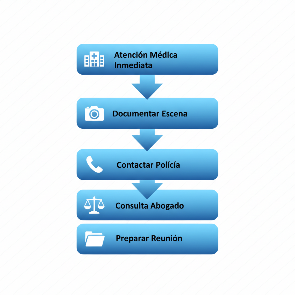 Flujo de proceso vertical con cinco etapas ilustradas para acciones iniciales tras un accidente en San José, incluyendo atención médica, documentación y consulta legal.