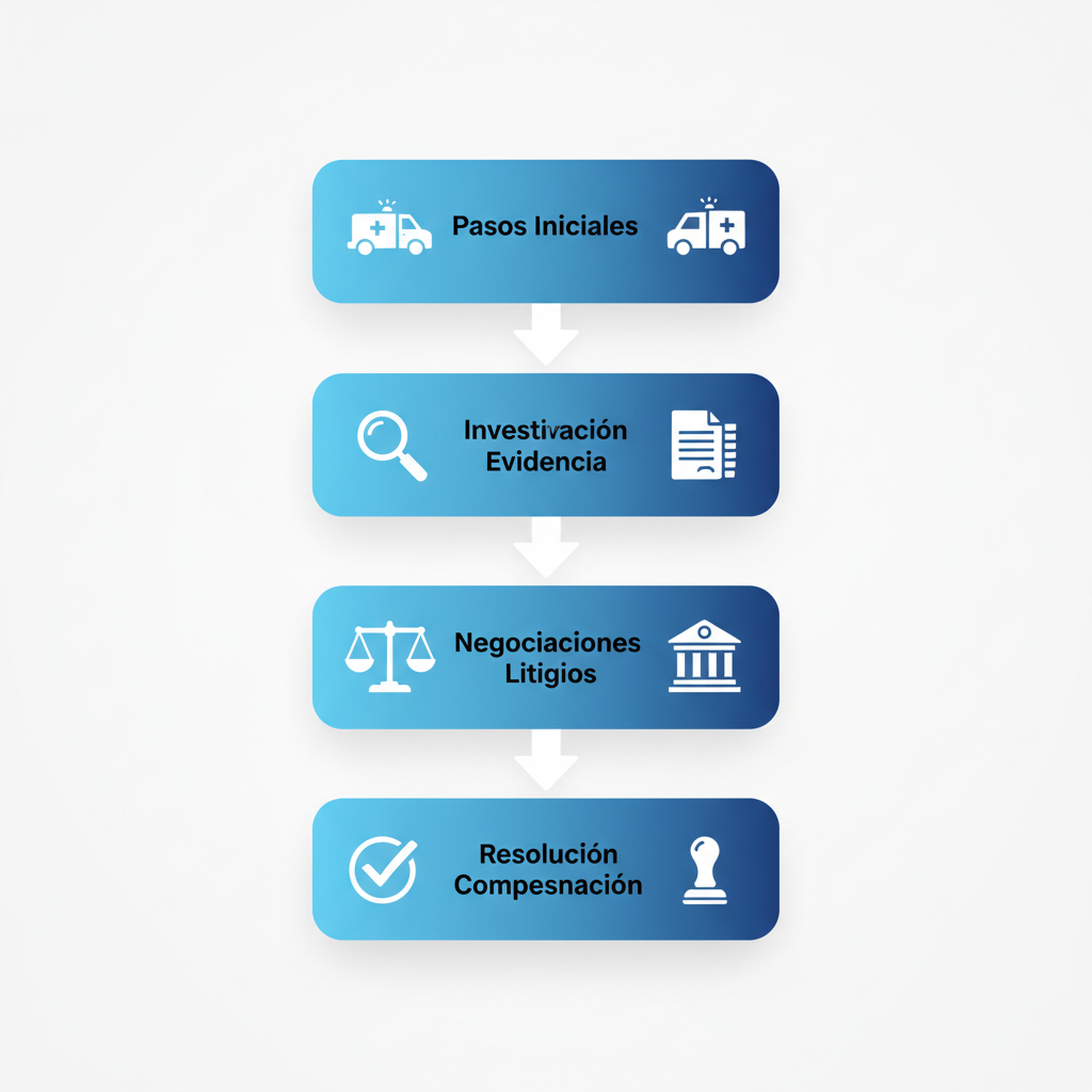 Diagrama de flujo vertical del proceso legal para accidentes de auto con cuatro etapas ilustradas.