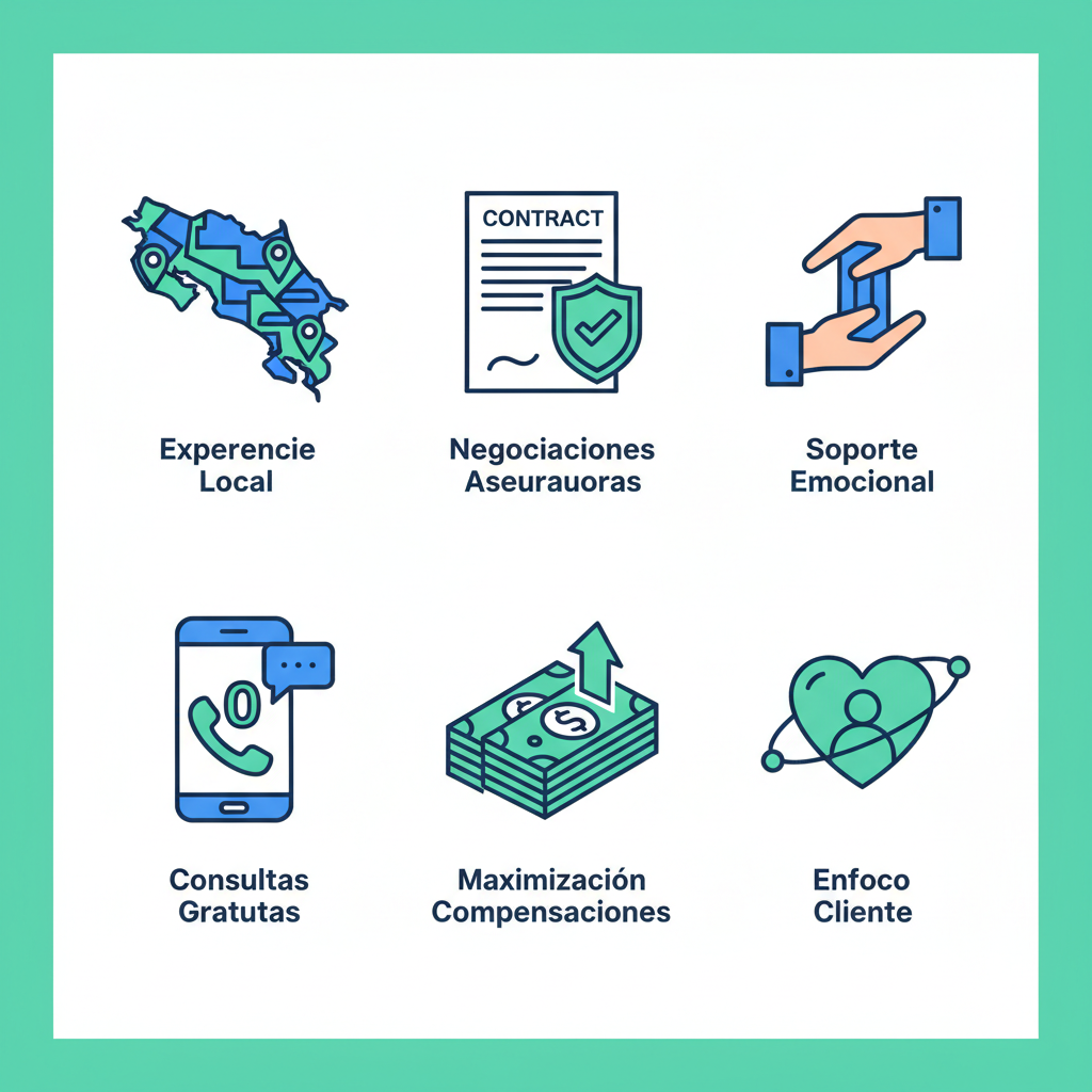 Conjunto de íconos ilustrando beneficios de contratar abogados especializados en lesiones personales en San José