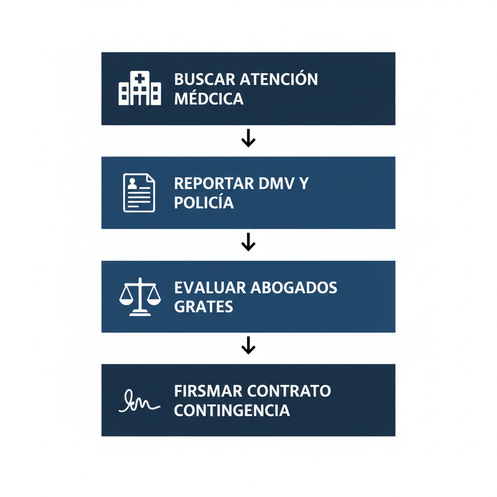Diagrama de flujo vertical ilustrando los pasos para contratar abogados de lesiones personales después de un accidente en San José