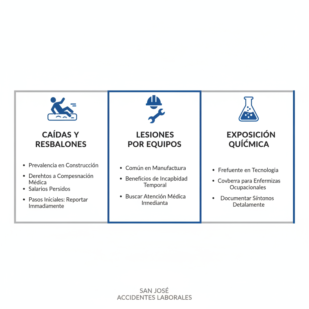 Infografía comparativa de tipos de accidentes laborales en San José: caídas, lesiones por equipos y exposición química.