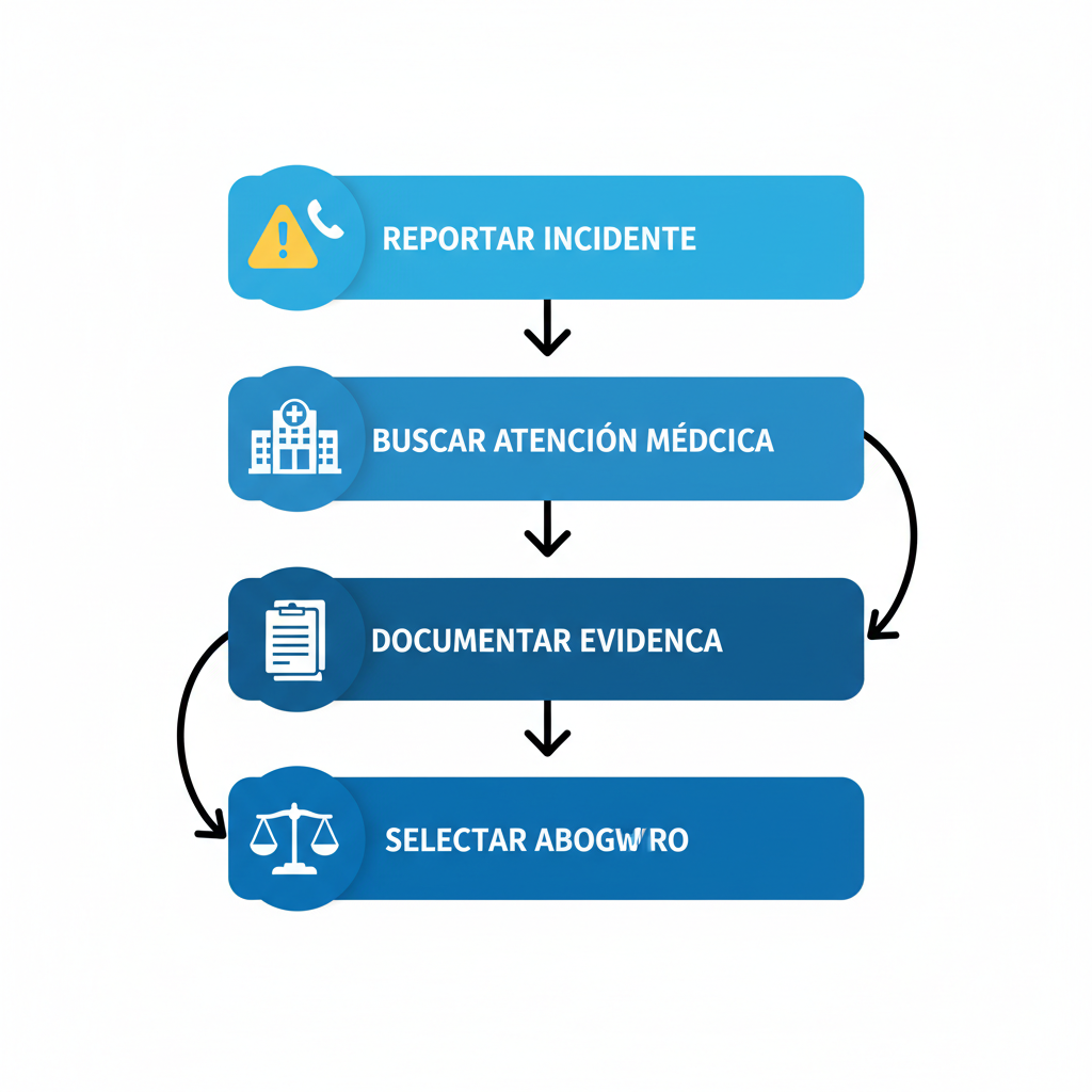 Diagrama vertical ilustrando los cuatro pasos clave para iniciar un reclamo por accidente laboral en San José, con iconos y flechas secuenciales.