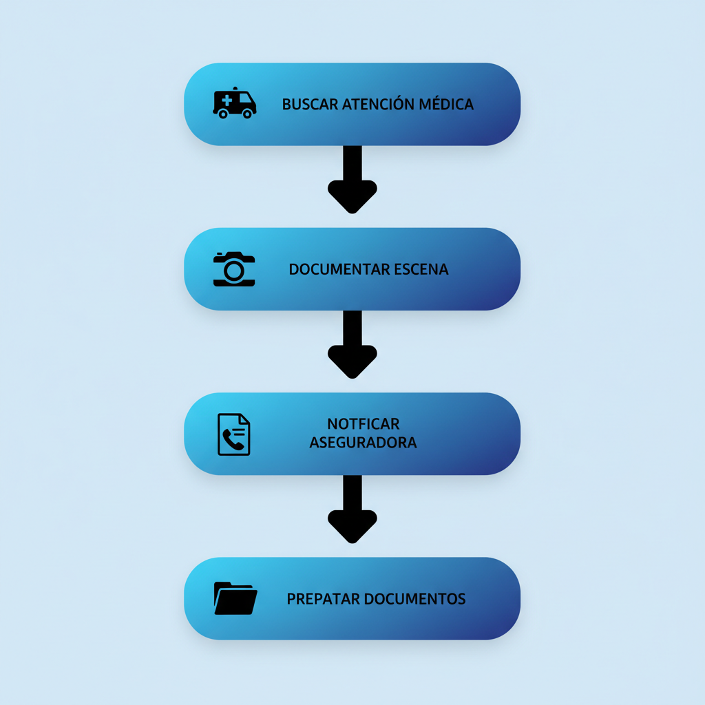 Diagrama de flujo vertical con cinco etapas para pasos iniciales tras un accidente de carro en Anaheim, incluyendo atención médica, documentación y contacto con abogado.