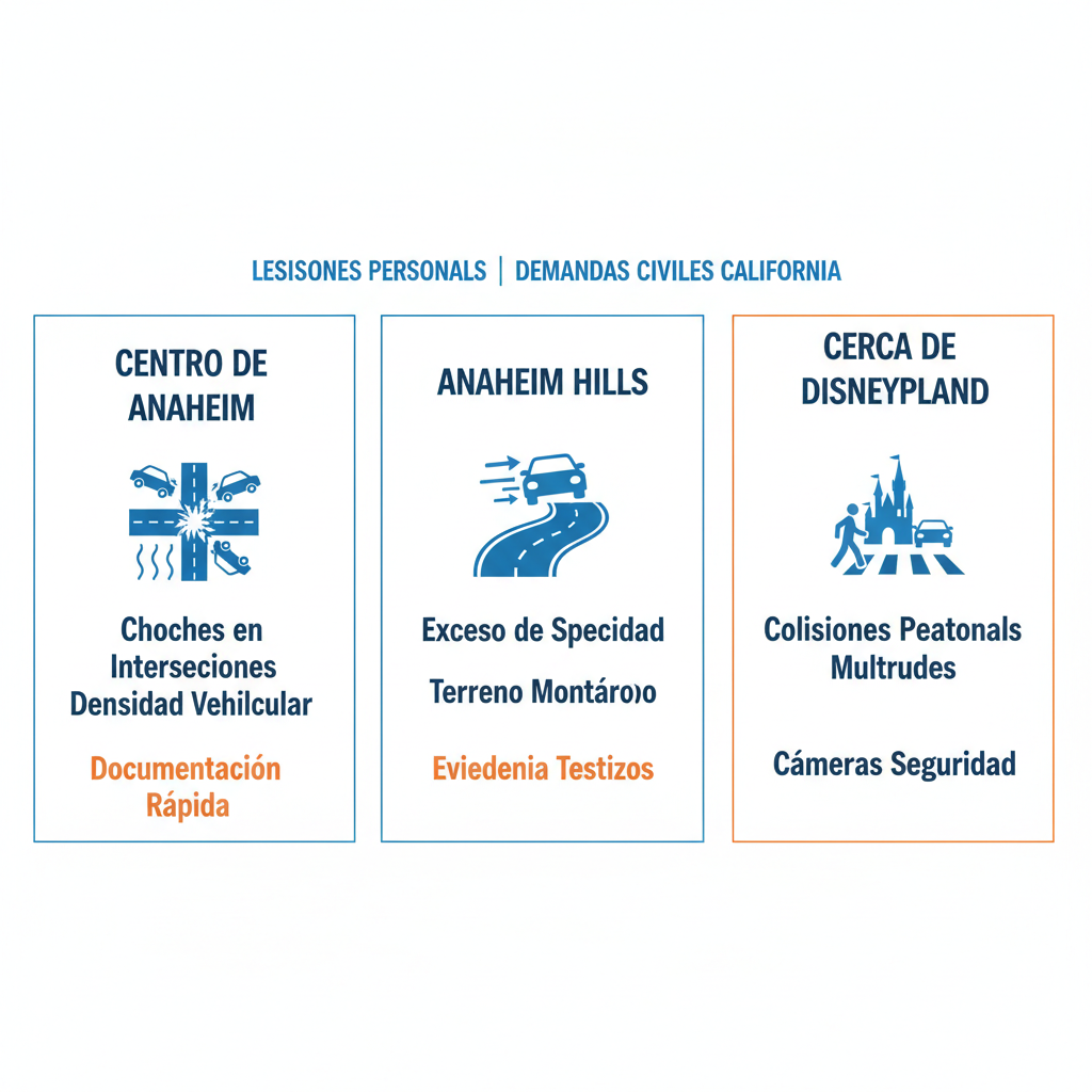 Infografía horizontal comparando tipos de accidentes en áreas de Anaheim: centro, colinas y cerca de Disneyland, con iconos y factores locales