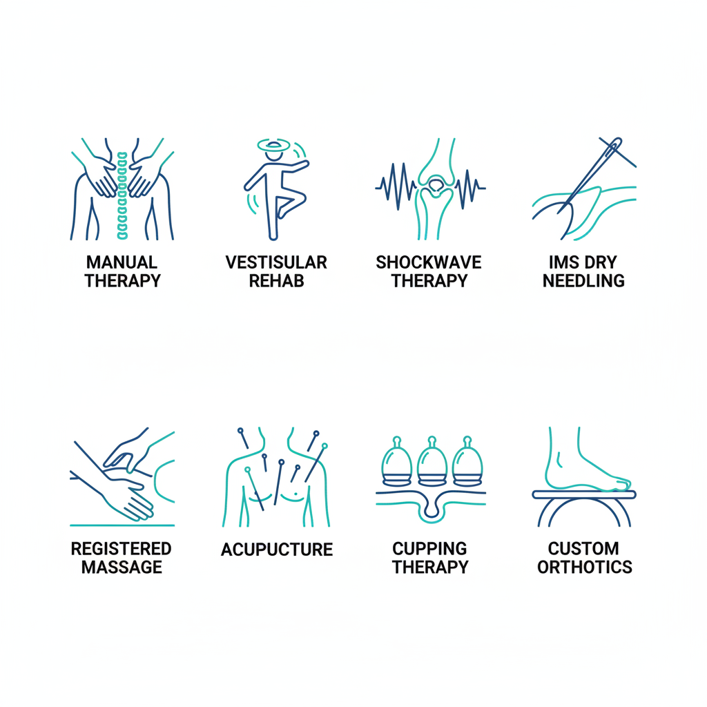 Grid of icons depicting various physiotherapy treatments including manual therapy, vestibular rehab, shockwave therapy, dry needling, massage, acupuncture, cupping, and custom orthotics.