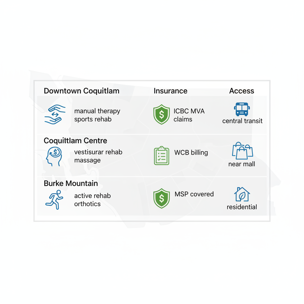 Infographic table comparing physiotherapy services in Coquitlam areas including key offerings insurance and accessibility