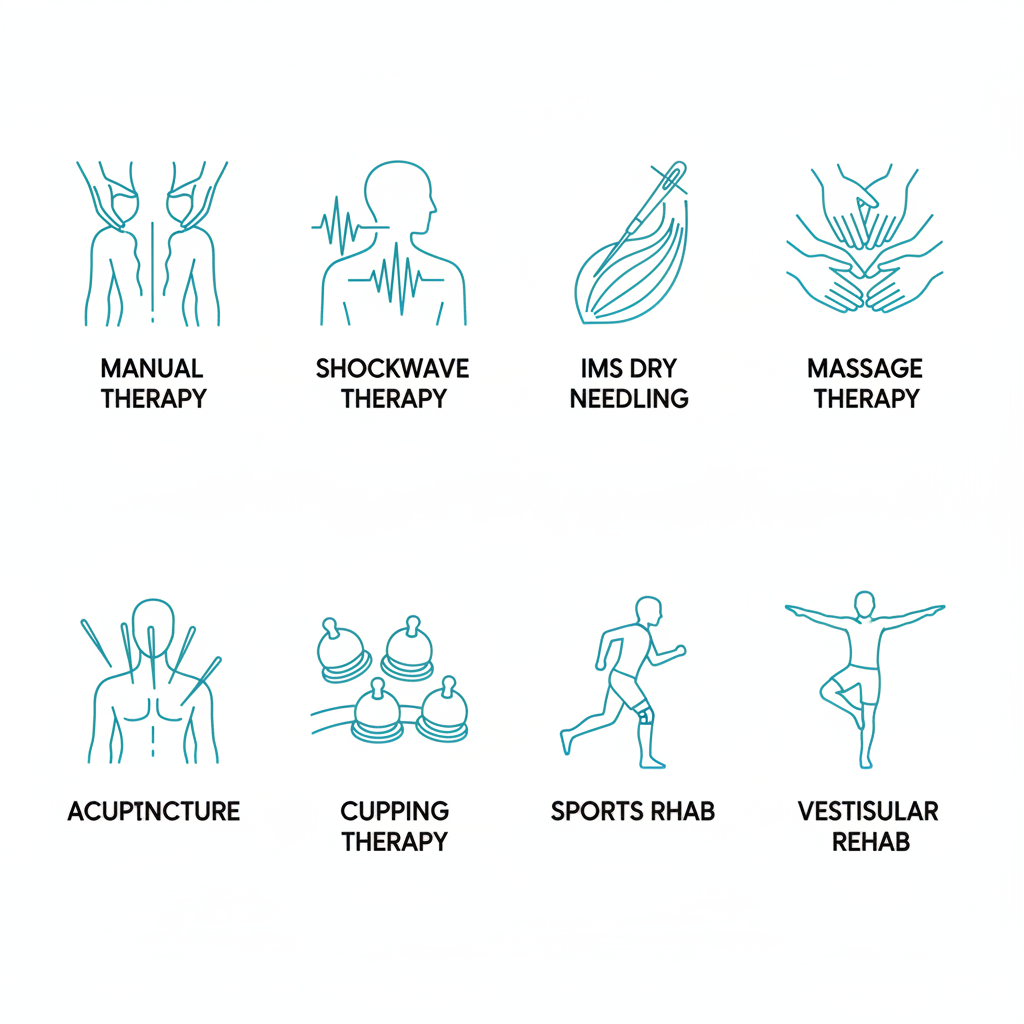 Grid of eight outline icons depicting physiotherapy services including manual therapy, shockwave, needling, massage, acupuncture, cupping, sports rehab, and vestibular exercises.