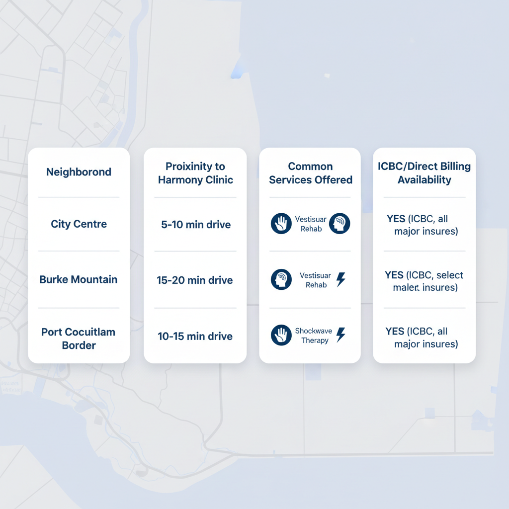 Infographic comparing physiotherapy access and services in Coquitlam neighborhoods near Harmony Clinic