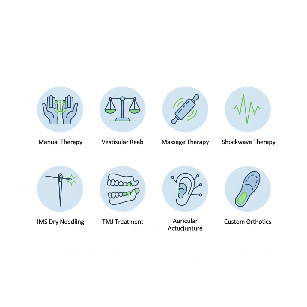 Grid of eight icons depicting physiotherapy services: manual therapy hands, vestibular balance scale, massage roller, shockwave waves, IMS needle, TMJ jaw, acupuncture needles, and custom orthotic insole.