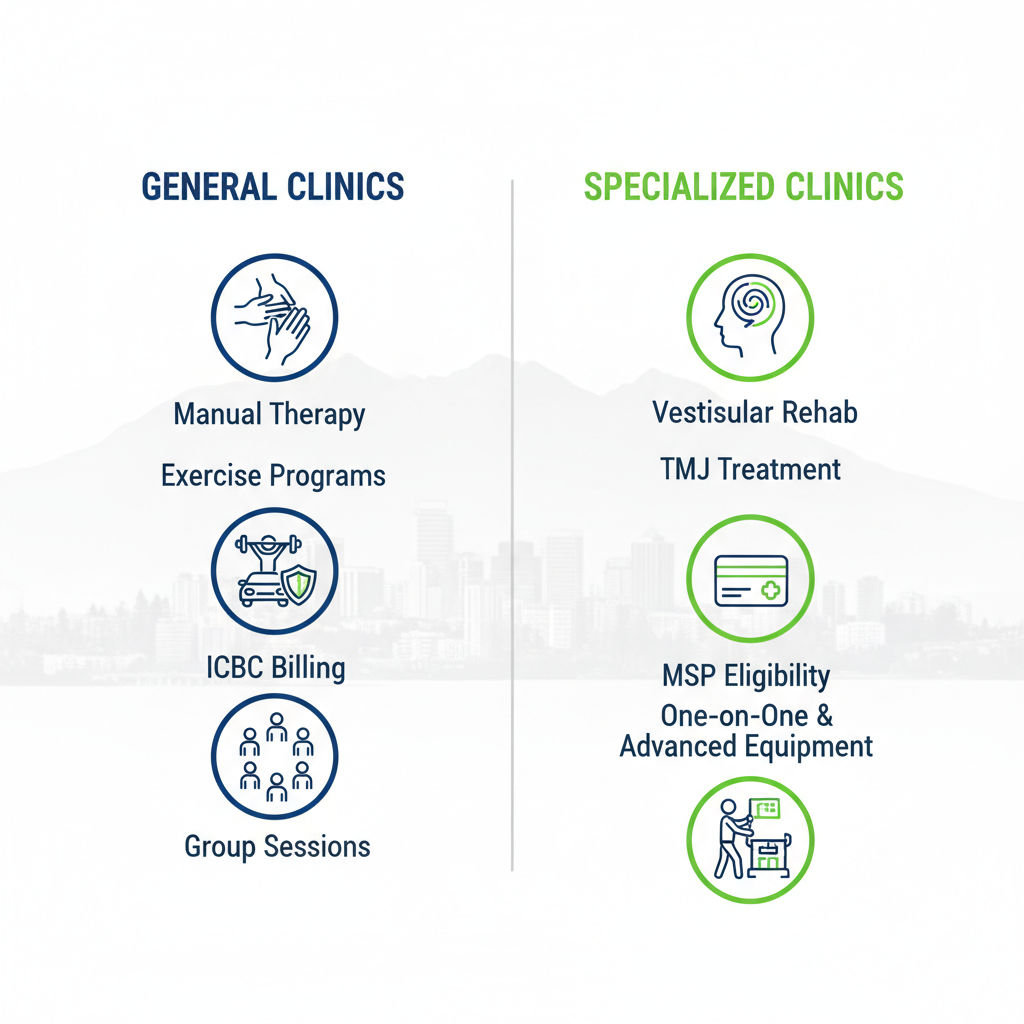 Infographic comparing general and specialized physiotherapy clinics in Coquitlam with service icons in blue and green.