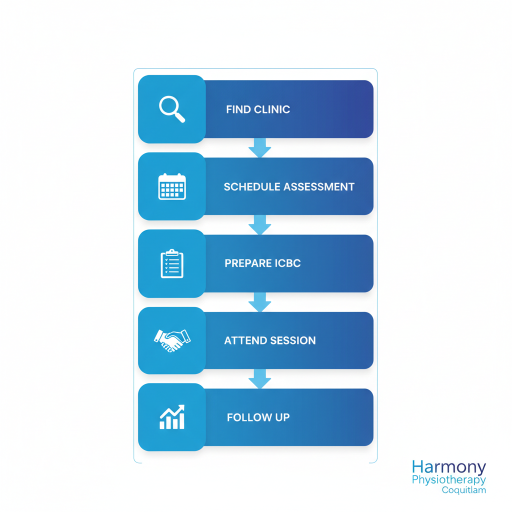 Vertical process flow diagram illustrating five steps to begin physiotherapy treatment in Coquitlam with icons